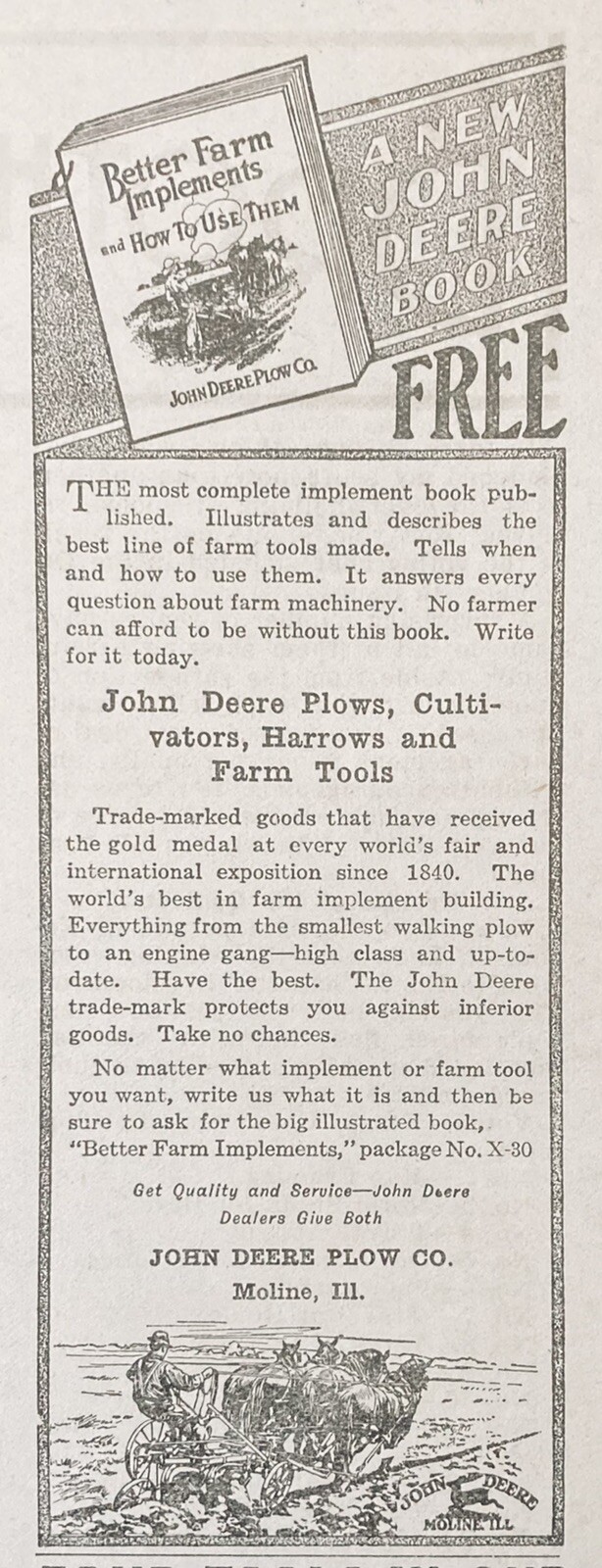 1912 AD(XH25)~JOHN DEERE CO. MOLINE, ILL. BETTER FARM IMPLEMENTS BOOK AD.