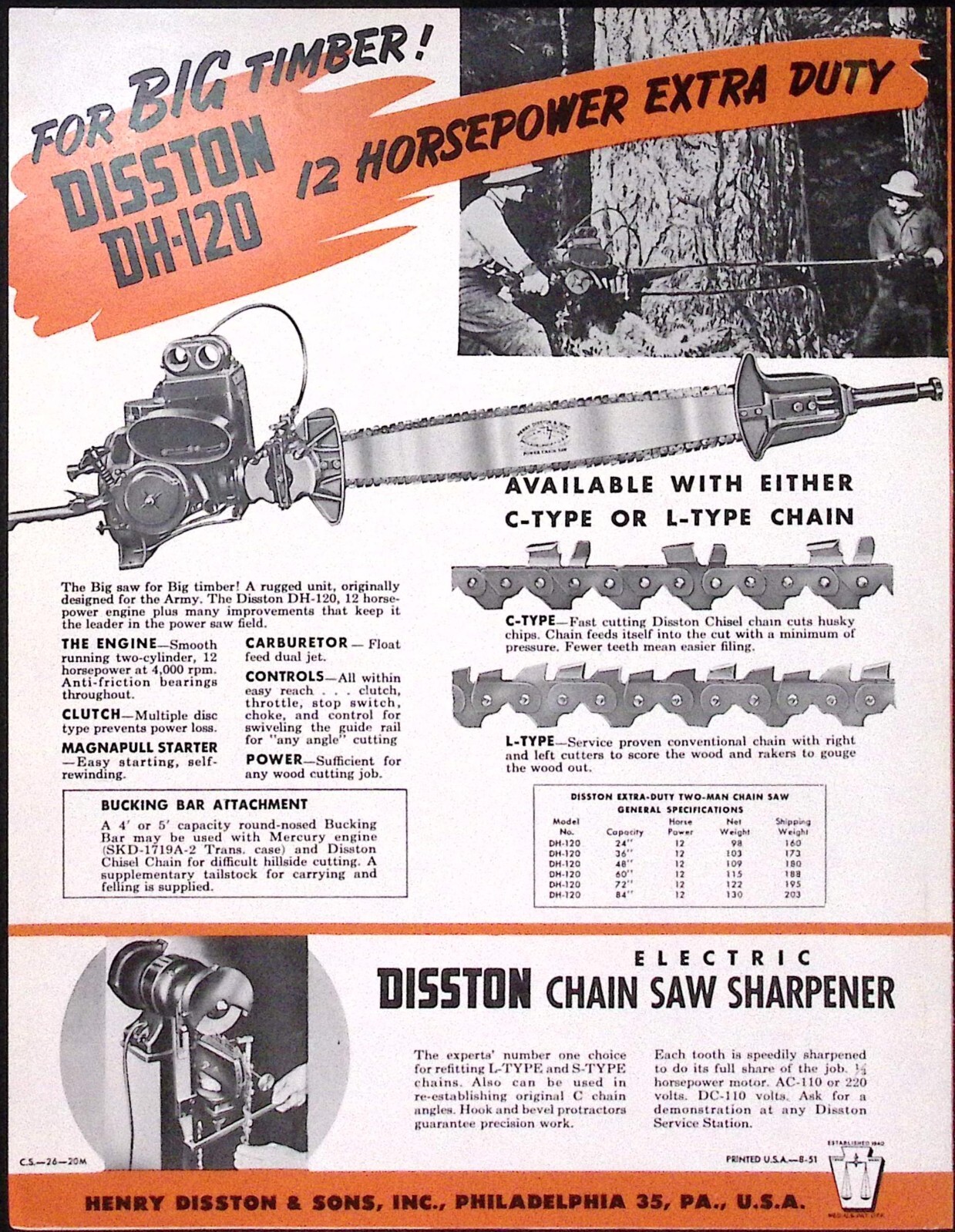 1952 Disston DO-101 DH-120 Chain Saw Dealer Brochure Henry Disston & Sons