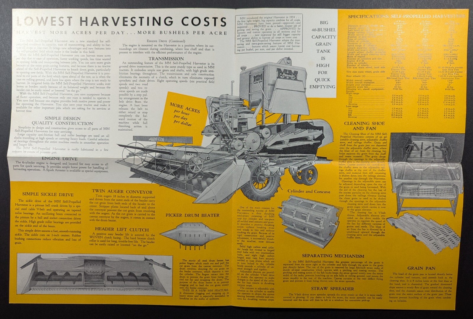 Vintage 1940s Self-Propelled Harvester Farming Agriculture Foldout Brochure