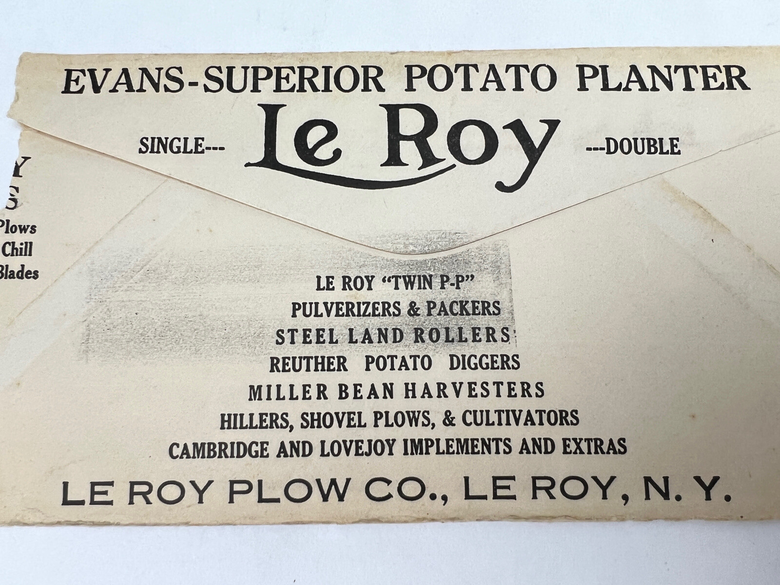 Le Roy Plow Co NY Advertising Cover Envelope POTATO PLANTER