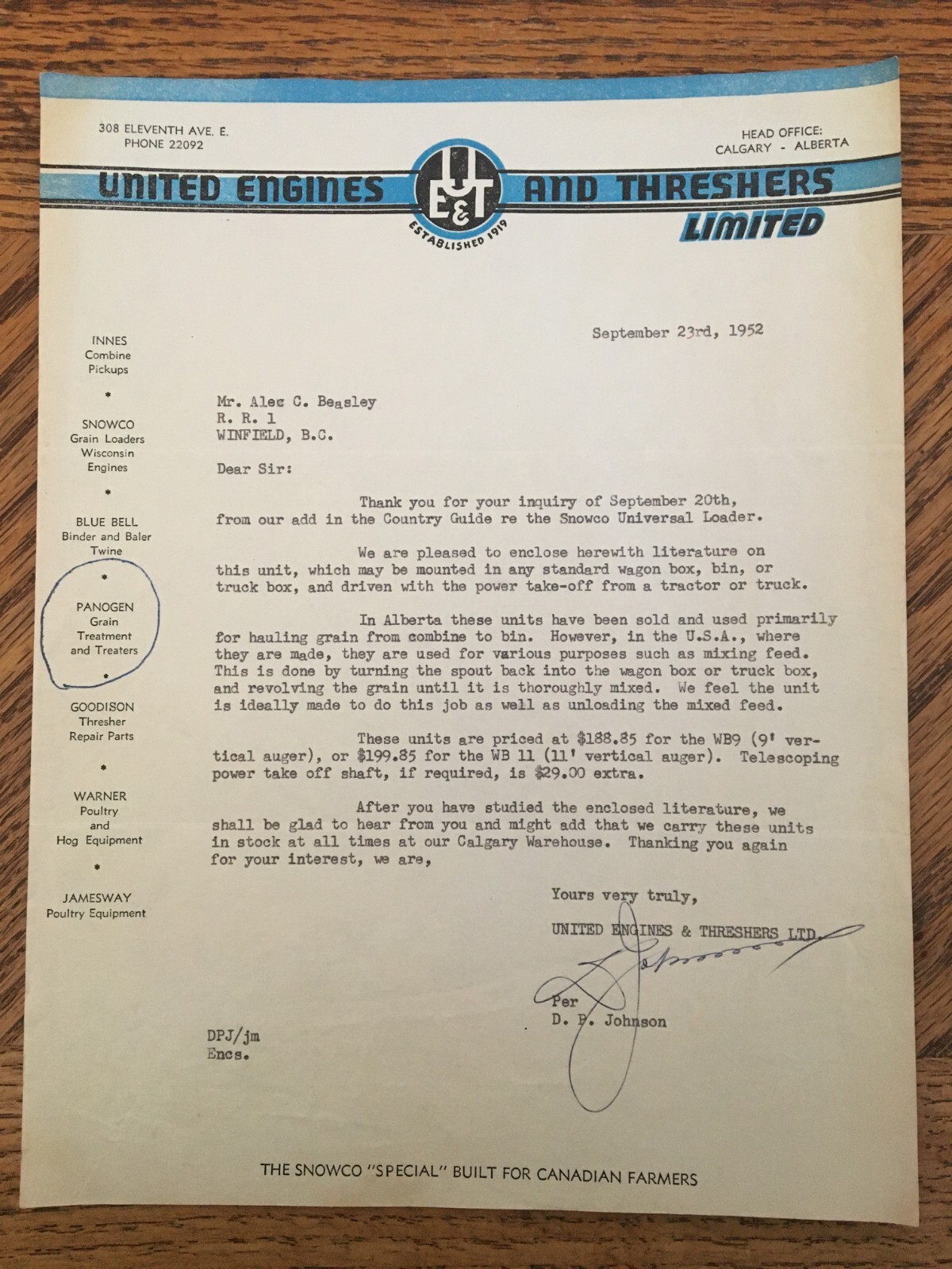 United Engines Threshers Ltd Receipt Letter 1952 Kelowna BC Cattle Ranch Farm