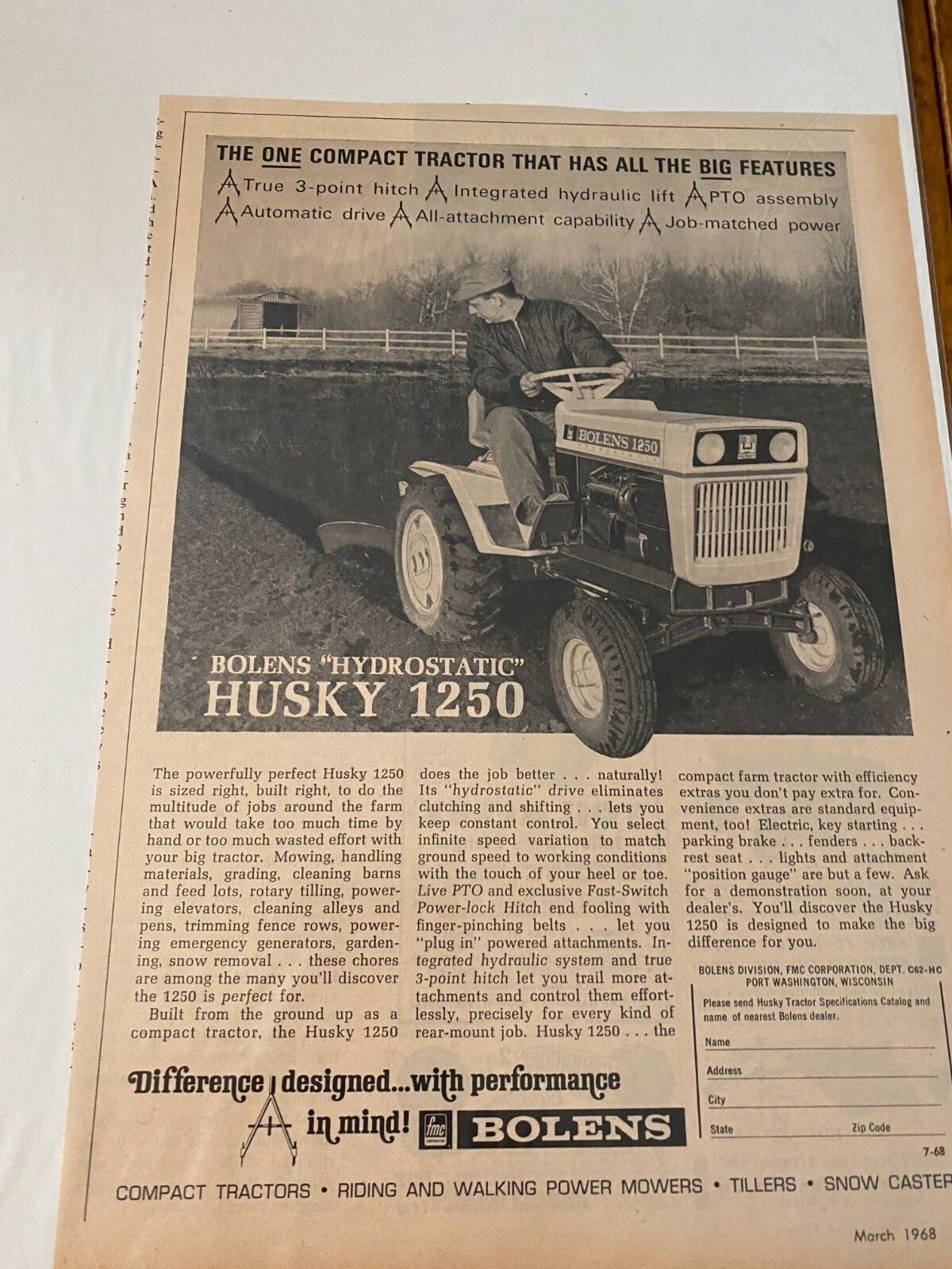 Vintage 1968 Bolens Hydrostatic Husky 1250 Compact Tractor ad