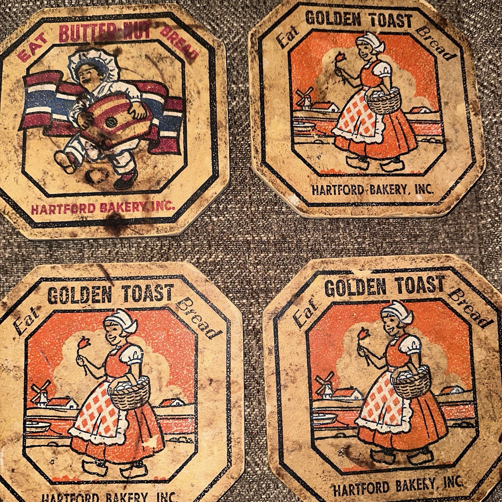 Vintage Trivet Hartford Bakery Hot Pads-Dutch Boy & Girl Theme-Set 4 Eat Bread