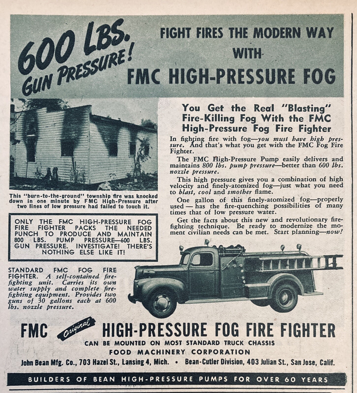 1945 AD.(XF8))~FMC FOOD MACHINERY CO. LANSING, MI. HIGH-PRESSURE FOG FIGHTER–