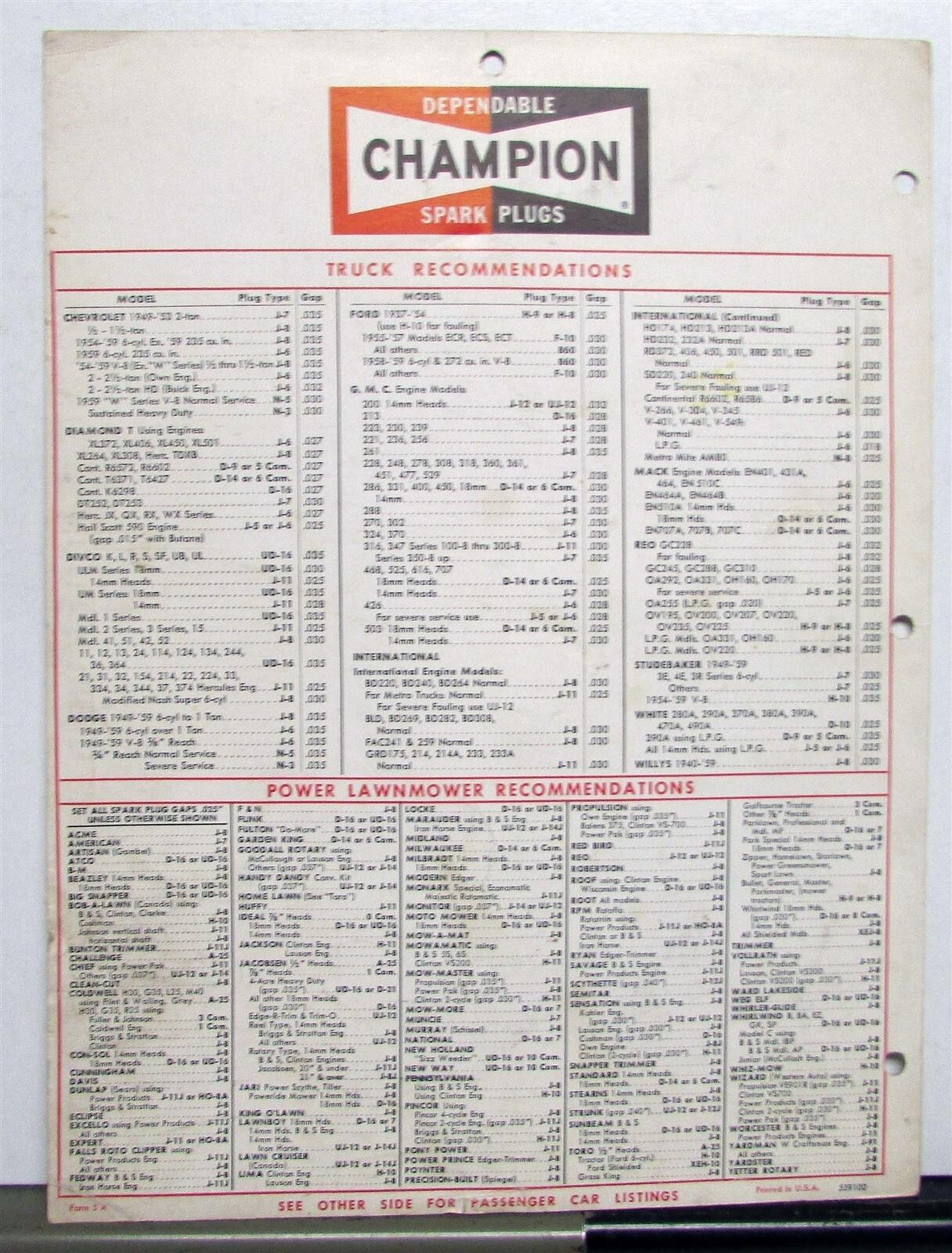 1940s Champion Spark Plugs Utility Line Cars Trucks Lawnmower Data Sheet