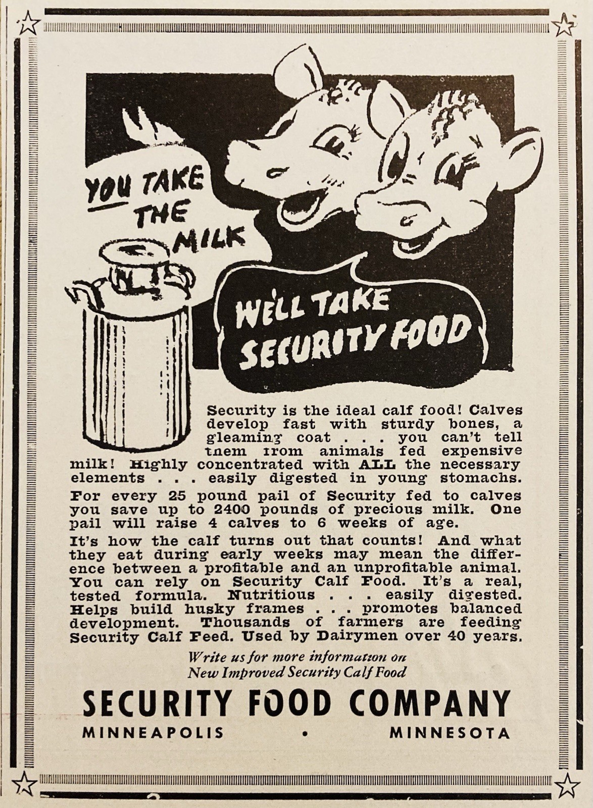 1946 AD.(XH85)~SECURITY FOOD CO. MINNEAPOLIS, MINN. “SECURITY” CALF FOOD