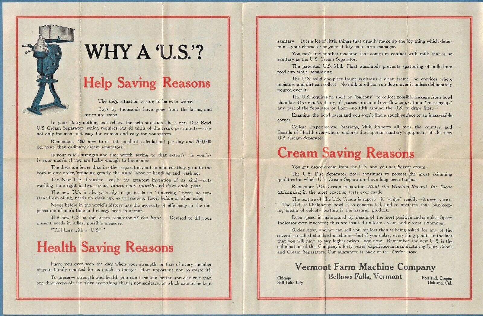 1920s ADVERTISING HANDOUT for VERMONT FARM MACHINERY CO. CREAM SEPARATORS