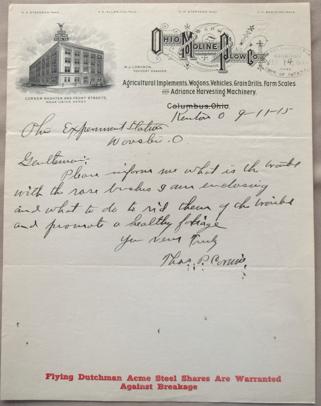 1914 Ohio Moline Plow Co Fully Illustrated Letterhead Columbus OH Wagon Drill US