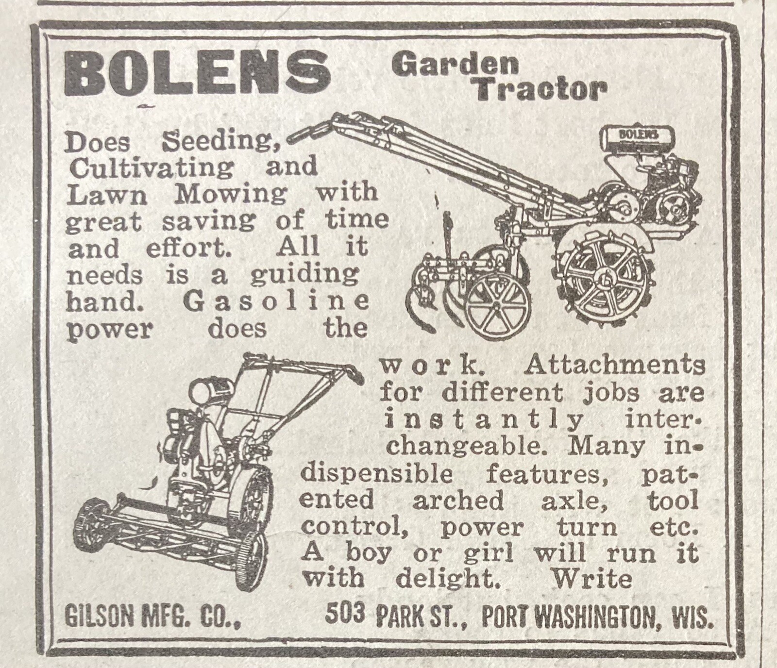 1926 AD.(XH4)~GILSON MFG. CO. PORT WASHINGTON, WIS. BOLENS GARDEN TRACTOR