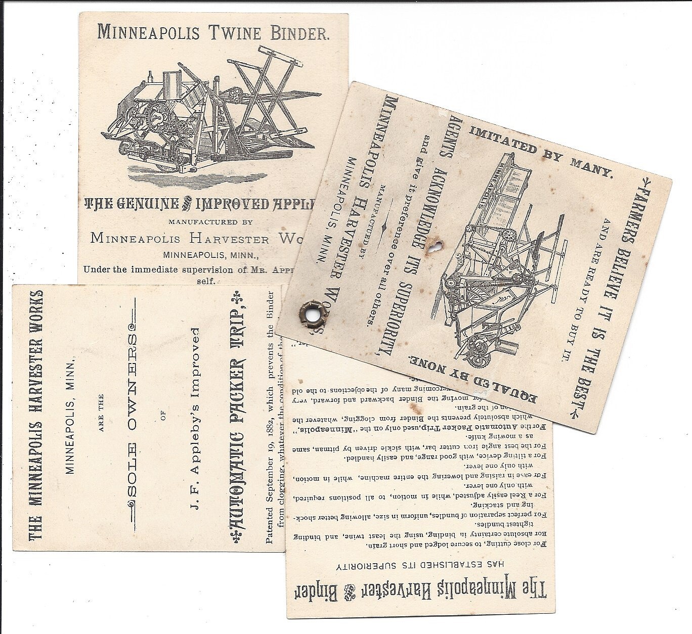4 Part Card Advertisement About « Minnie » From Minneapolis Harvester Works, 1880s
