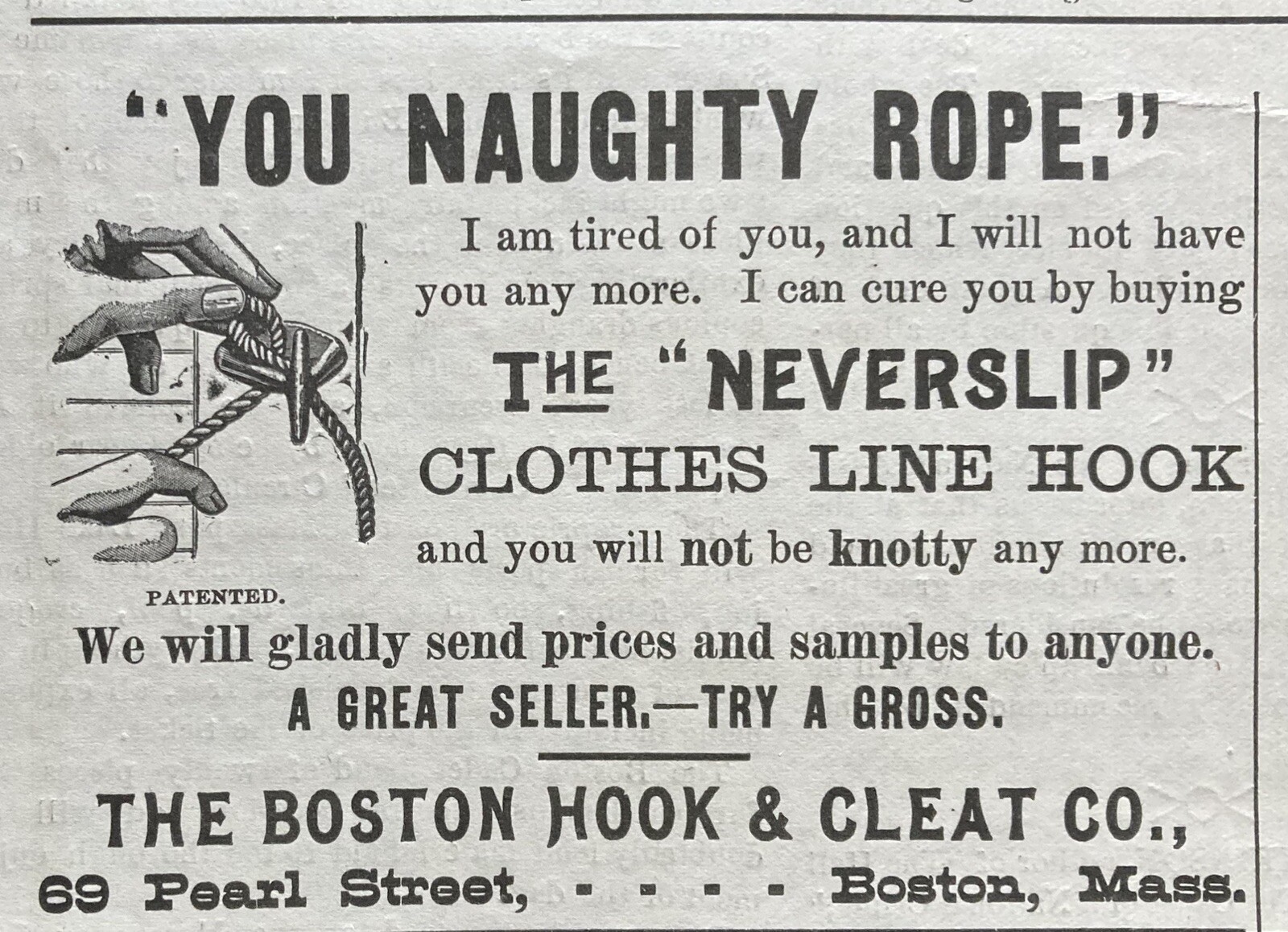 1899 AD.(XH63)~BOSTON HOOK & CLEAT CO. PEARL ST. “NEVERSLIP” CLOTHES LINE HOOK