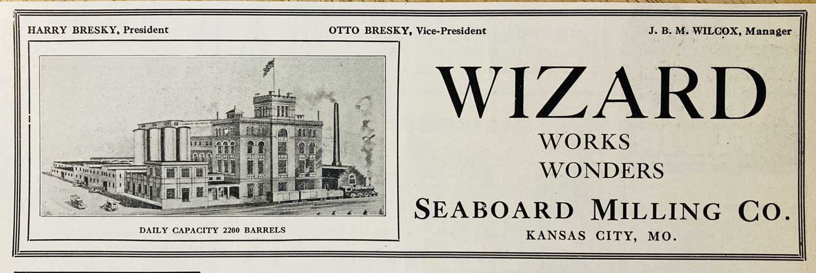 1919 AD.(PC1)~SEABOARD MILLING CO. KANSAS CITY, MO. “WIZARD” BRAND FLOUR