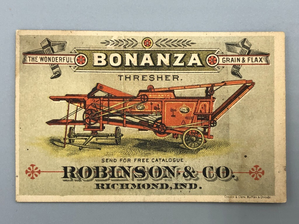1880s BONANZA THRESHER Victorian FARM Advertising Trade Card RICHMOND INDIANA