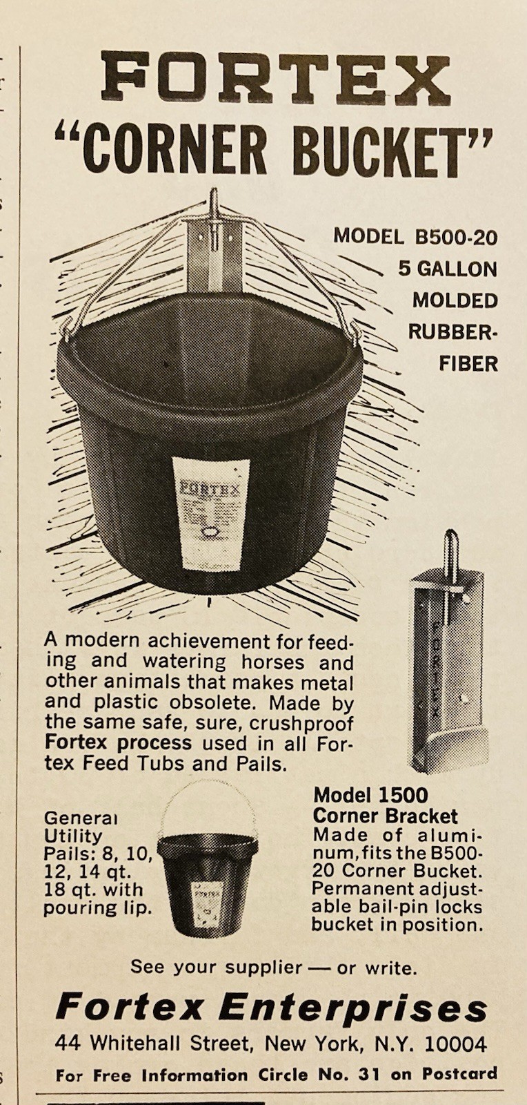 1968 AD.(XH85)~FORTEX ENTERPRISES CO. NYC. FORTEX “CORNER BUCKET” FEED, WATERING