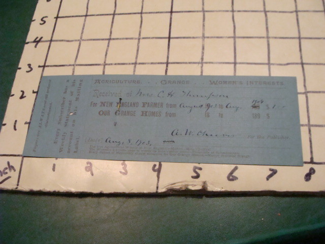 Orig Receipt — 1903 for NEW ENGLAND FARMER subscription