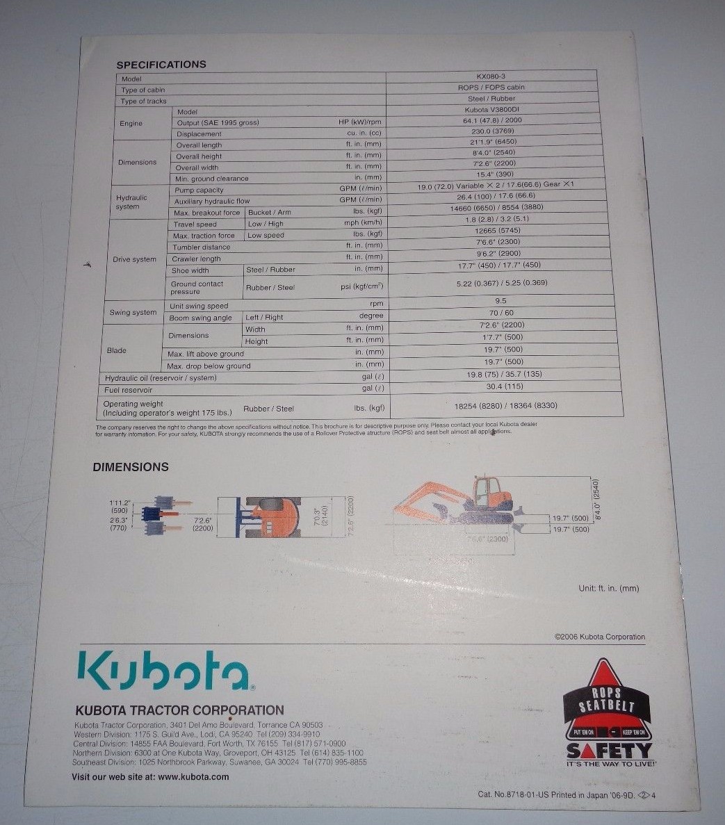 *Kubota KX080-3 Power 8-Ton Utility Excavator Sales Brochure literature 2006