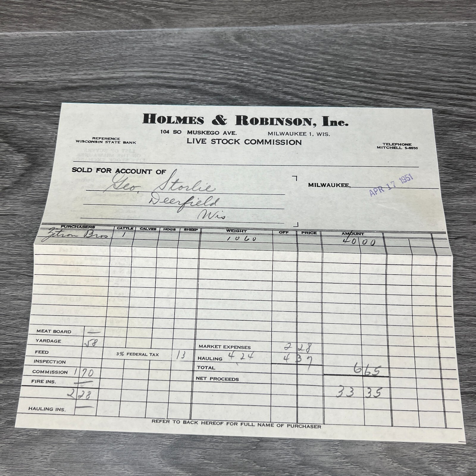 VTG 1940s 50s Booth Brothers WI Live Stock Commission Letter Farm Receipt
