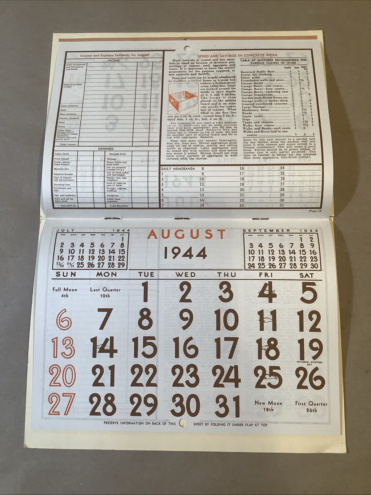 1944 Muntz-McLaughlin Co. Farm Inventory Calendar Holgate OH INV-P0547