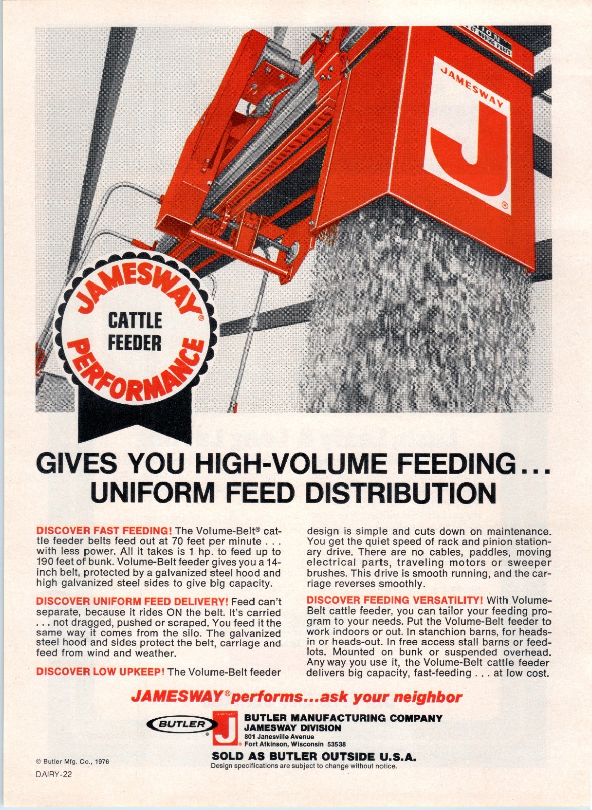 1976 Jamesway Volume-Belt Cattle Feeder 70&rsquo;s Vintage Print Ad