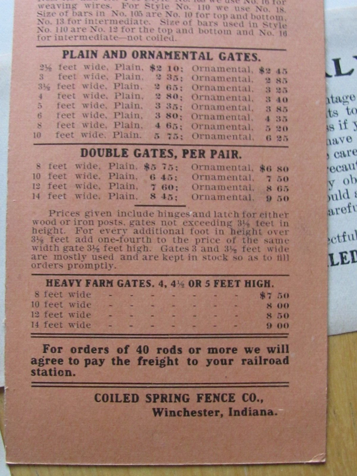 1905 PRICE LIST PAMPHLET ORDER PAPER SET COILED SPRING FENCE WINCHESTER INDIANA