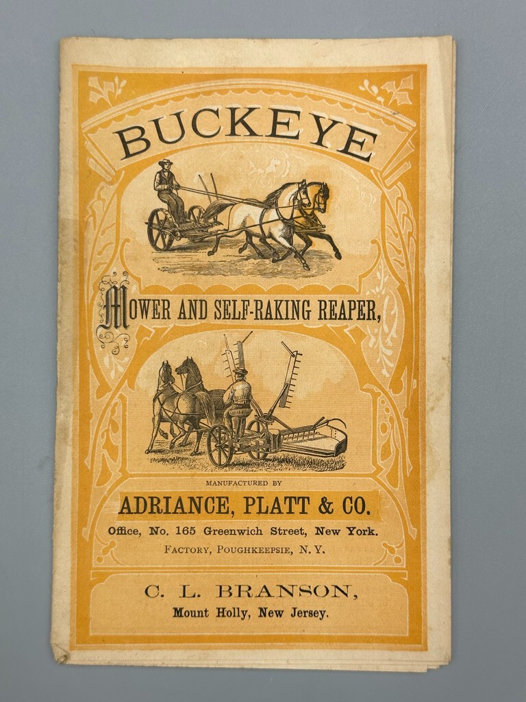 1873 BUCKEYE MOWER Adriance Platt FARM Advertising Trade Card Era MOUNT HOLLY NJ
