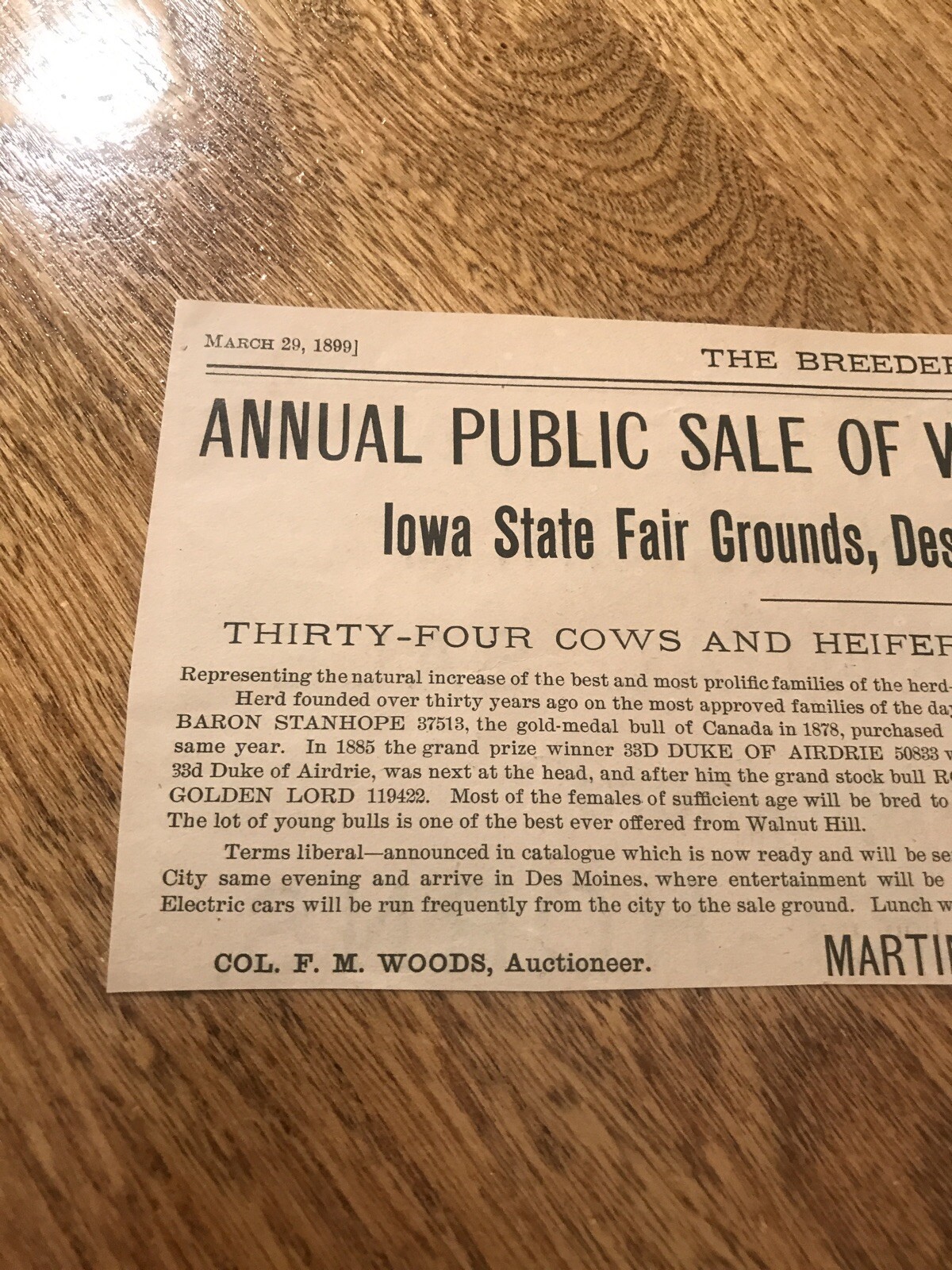 1899 Shorthorn Cattle Public Sale – Des Moines – Iowa – Cow Advertising