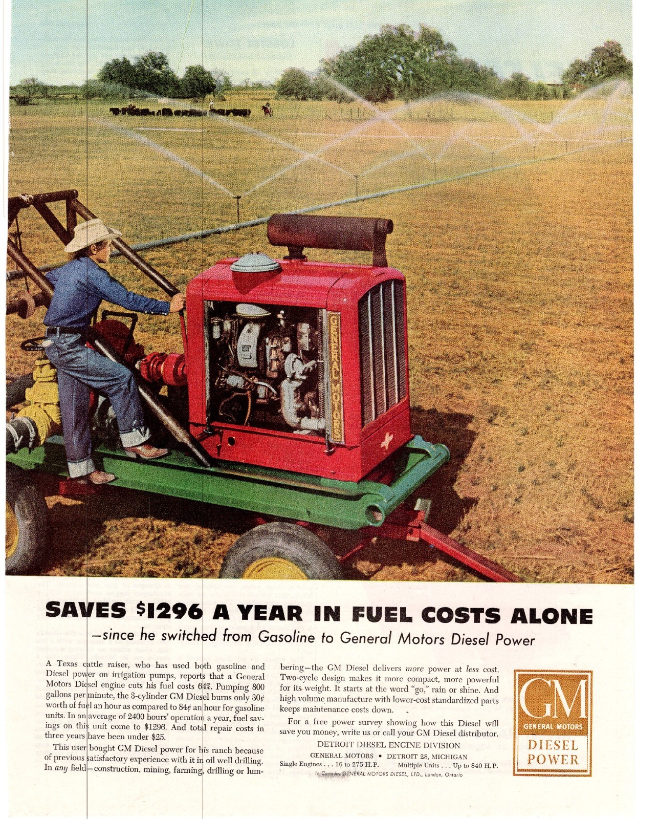 1953 General Motors Diesel Power in Fuel Costs Irrigation Pump Single Print Ad