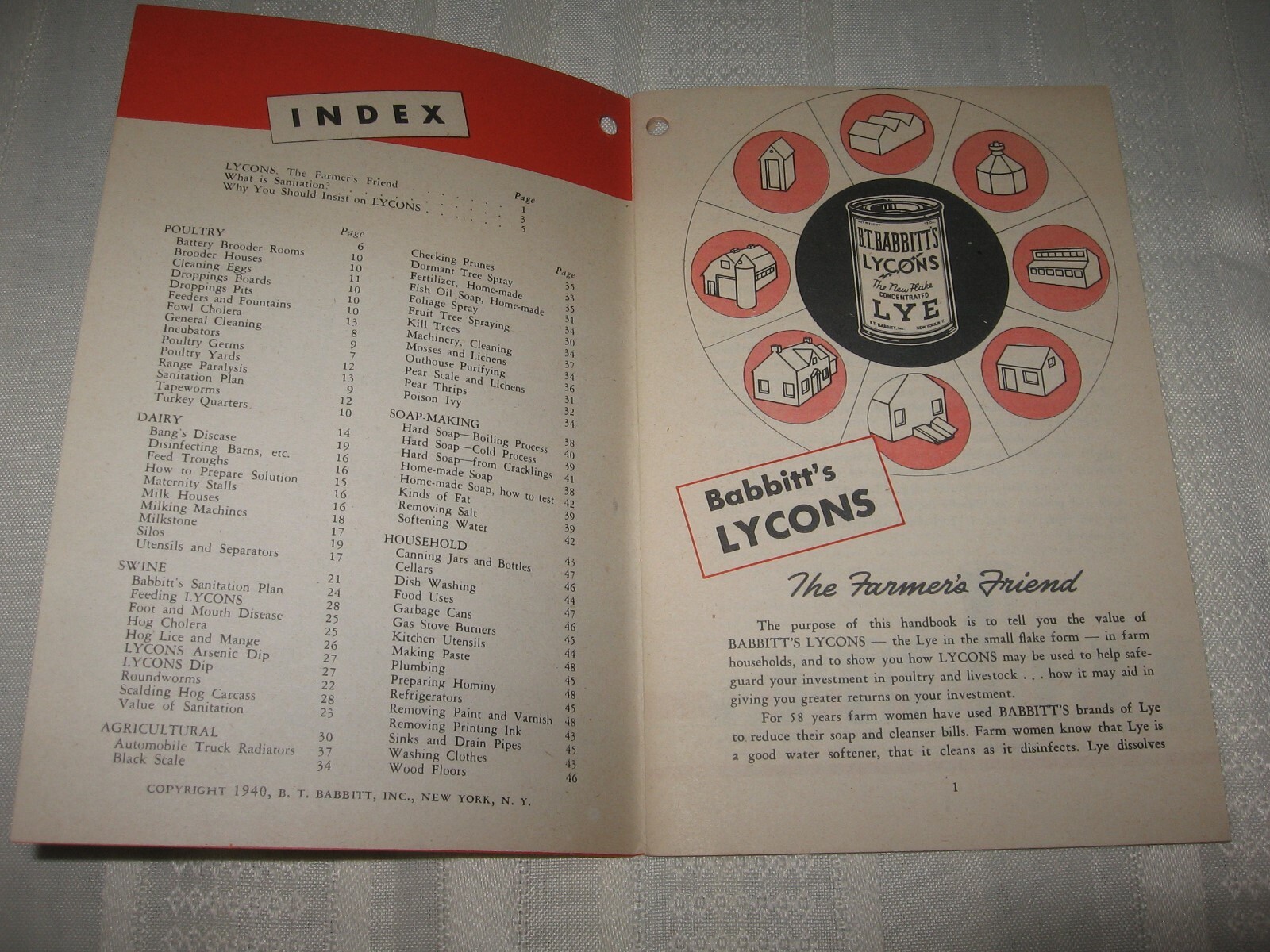B.T. BABBITT&rsquo;S LYCONS NEW FLAKE LYE ~ THE FARMER&rsquo;S FRIEND ~ 1940 AD BOOKLET