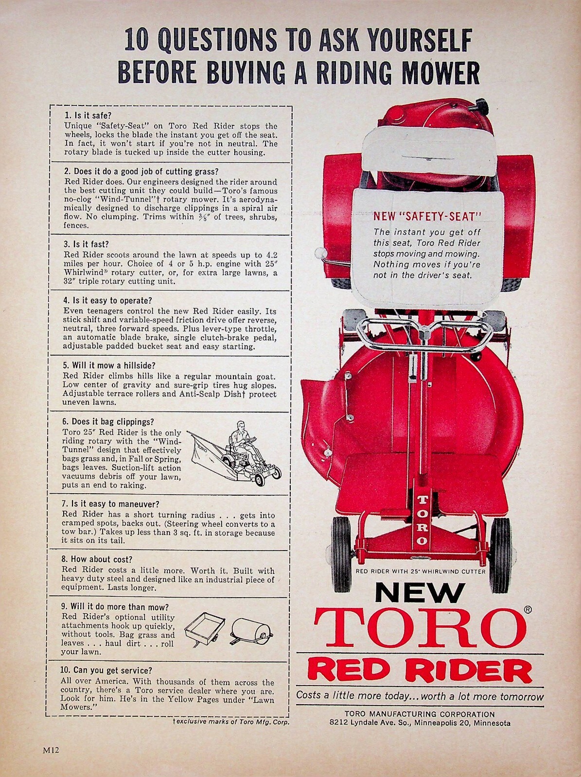1963 Toro Red Rider Riding Lawn Mower 10 Buyer Questions Vintage 1960s Print Ad