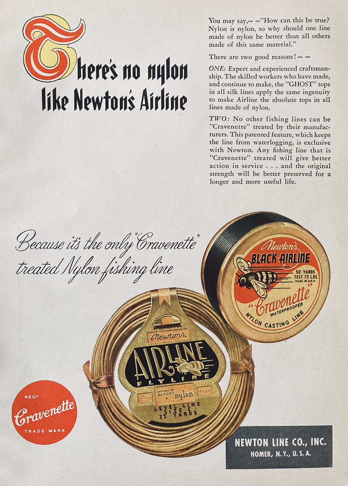 1947 AD(XH2)~NEWTON LINE CO. HOMER, NY. NEWTON’S AIRLINE CASTING LINE