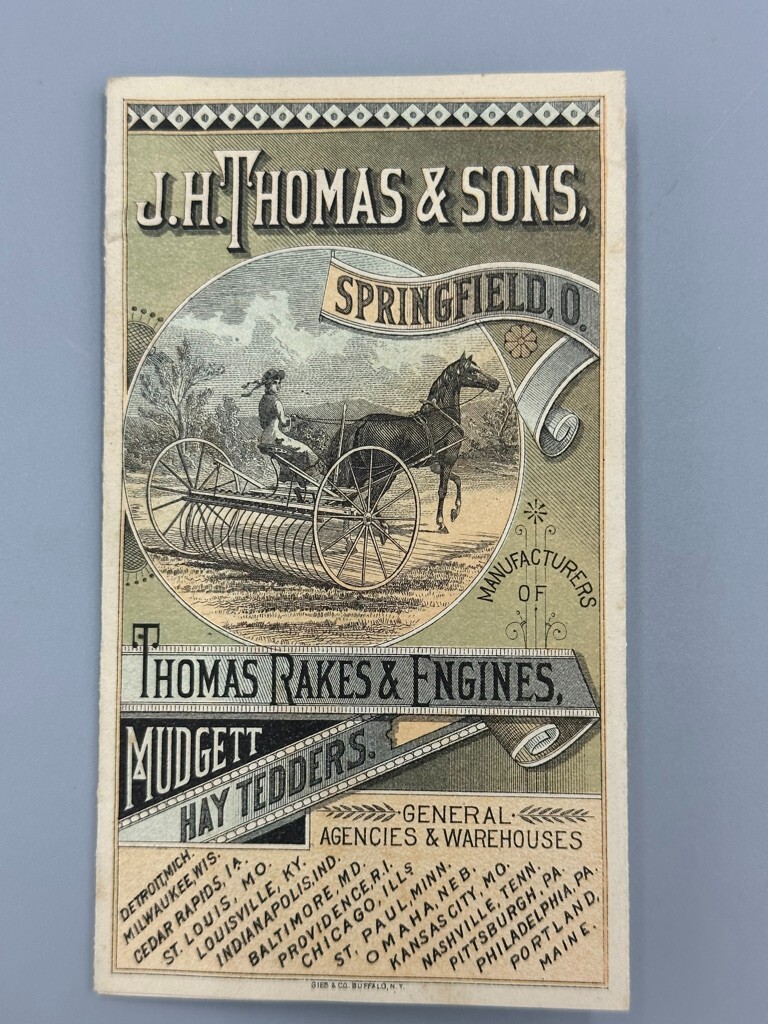 1880s JH THOMAS FARM Machinery ENGINES Advertise Fold Trade Card SPRINGFIELD OH
