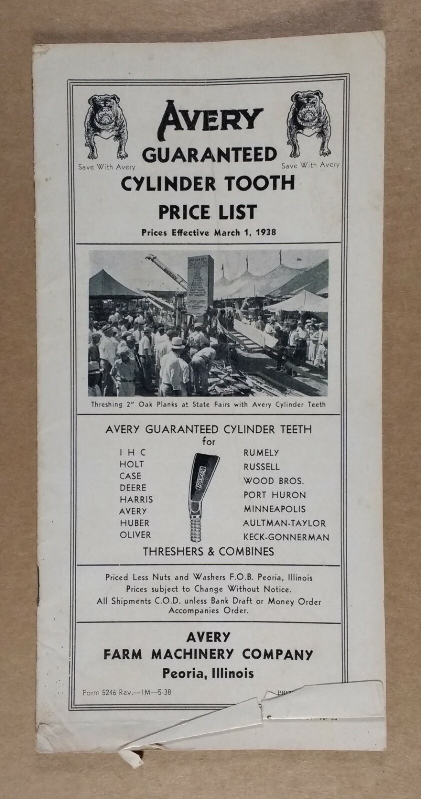 vintage 1938 AVERY Farm Machinery Guaranteed Cylinder Teeth Price List Booklet