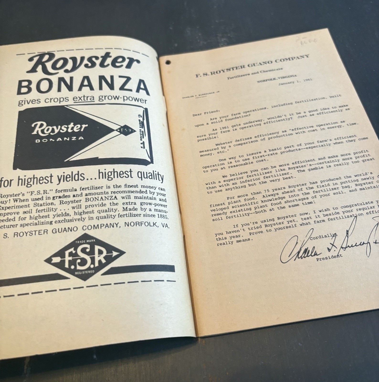 1961 Royster’s Almanac F.S. Royster Guano Co Norfolk Virginia