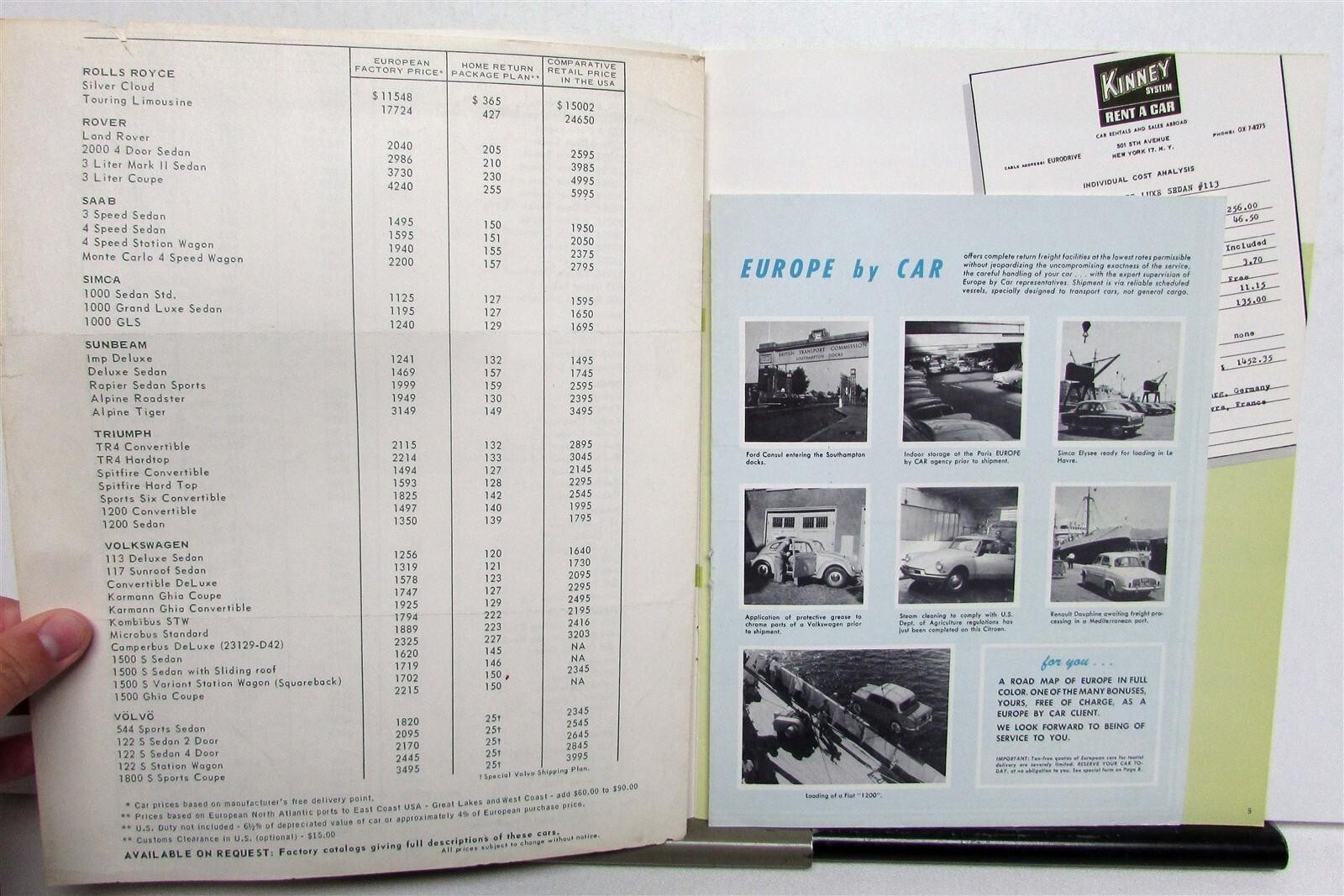 1965 Kinney System Driving Abroad Car Rental & Sales Price List Sales Brochure