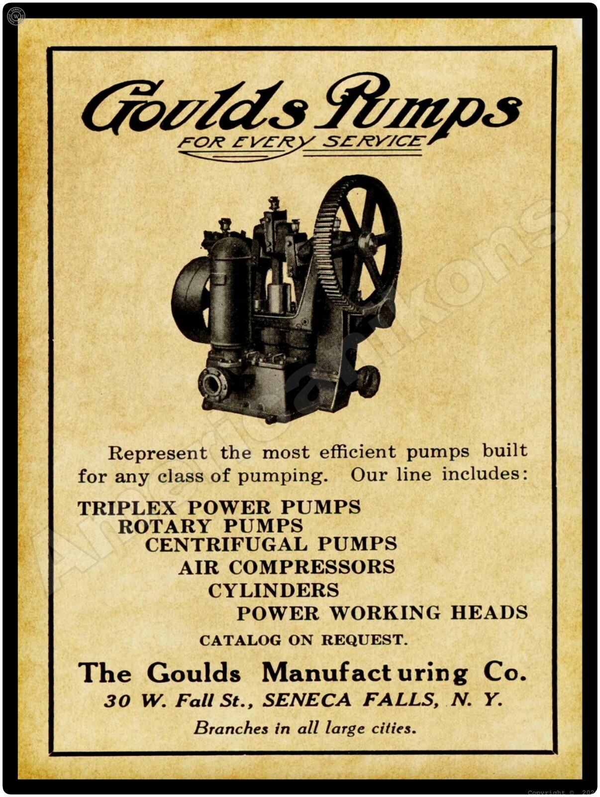 1911 Goulds Pumps, Centrifugal, All Types New Metal Sign: Seneca Falls, New York