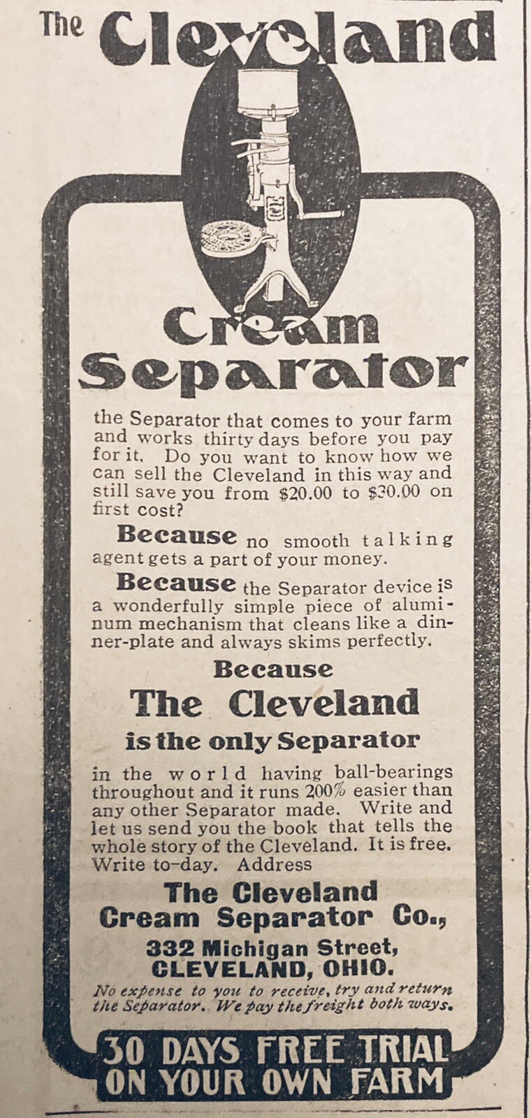 1905 AD.(XH28)~CLEVELAND CREAM SEPARATOR CO. BALL-BEARINGS CREAM SEPARATOR
