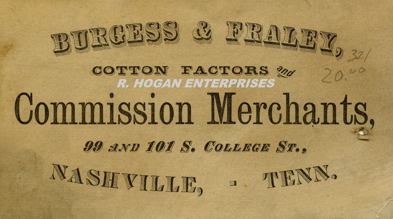Vintage 1879 BURGESS & FRALEY COTTON MERCHANTS NASHVILLE TENNESSEE AD CARD P1R