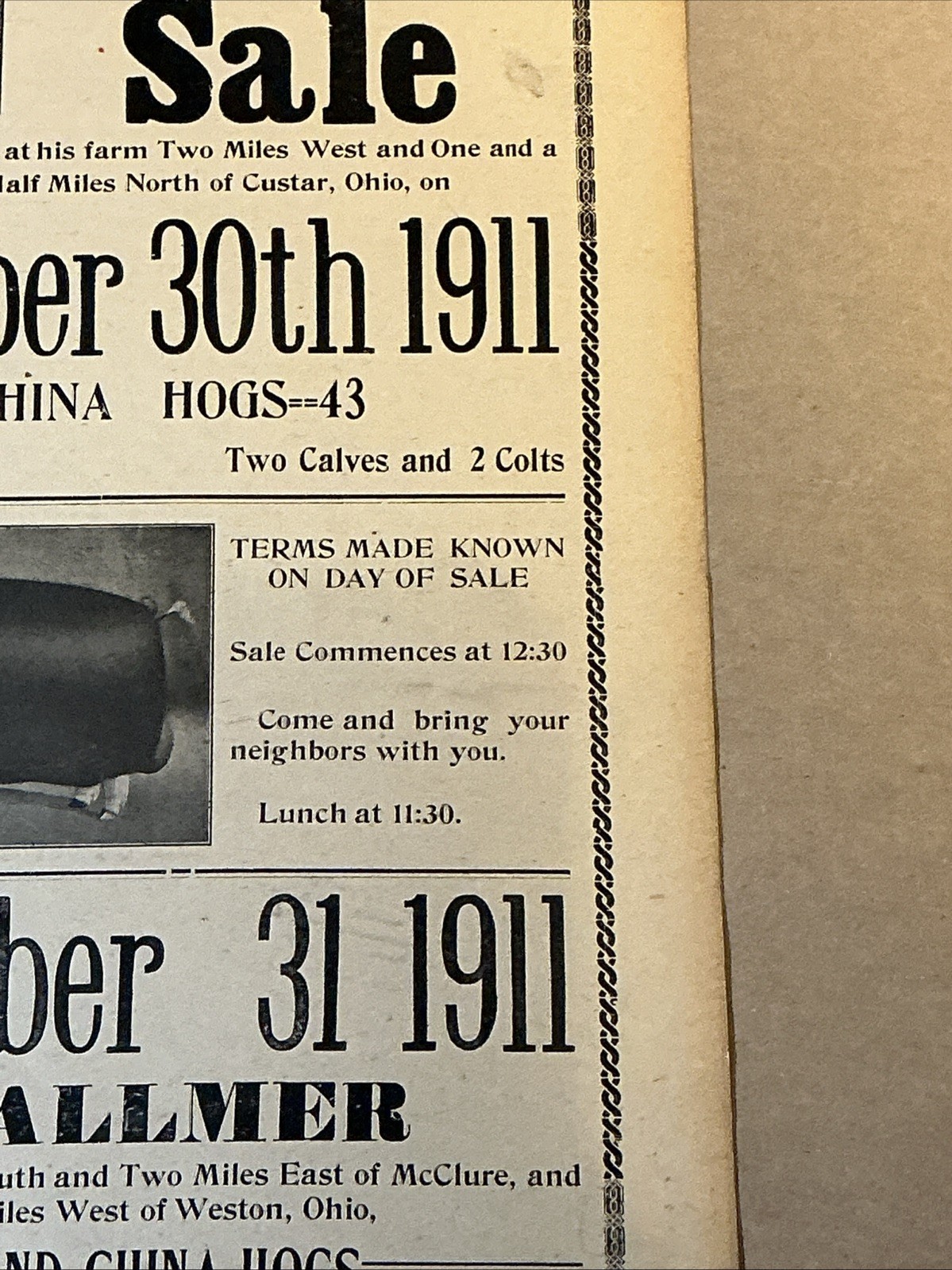 Antique 1911 Original Auction Poster China Hog Public Sale Ohio As Is INV-AC07Z