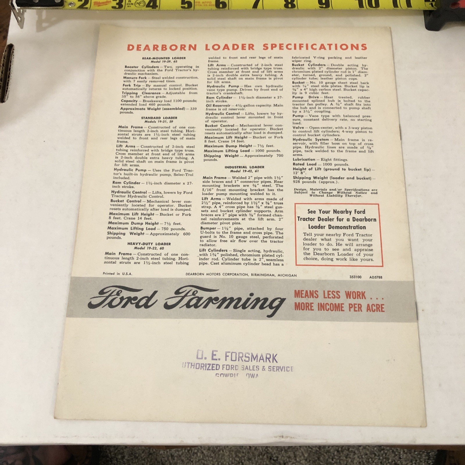 1953 Ford Dearborn Loaders Farm Equipment Specification Brochure