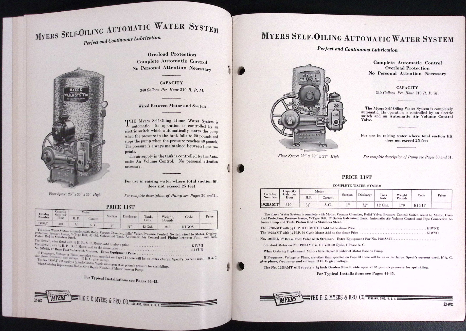 1949 Myers Water Systems & Power Pumps Catalog WS49 F E Myers & Bro Ashland OH