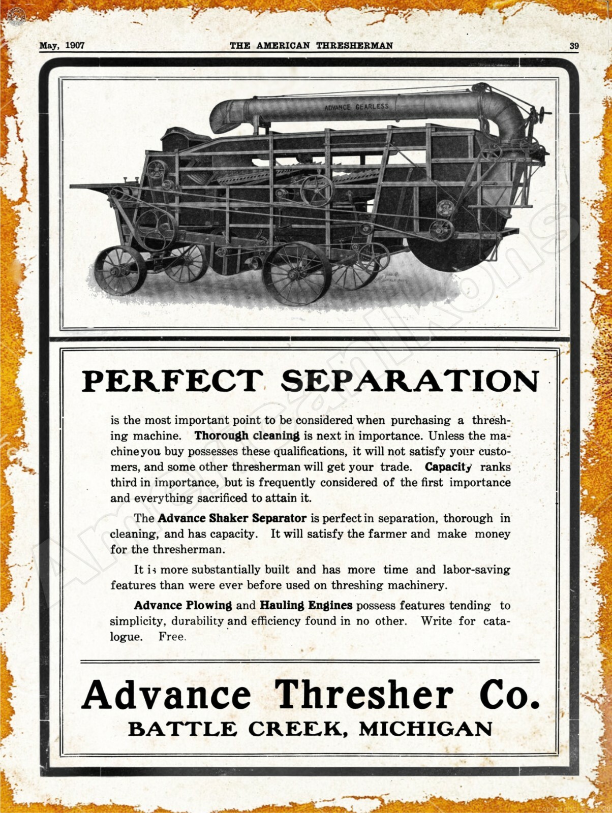 1907 Advance Thresher Co. Shaker Separator New Metal Sign: Battle Creek Michigan