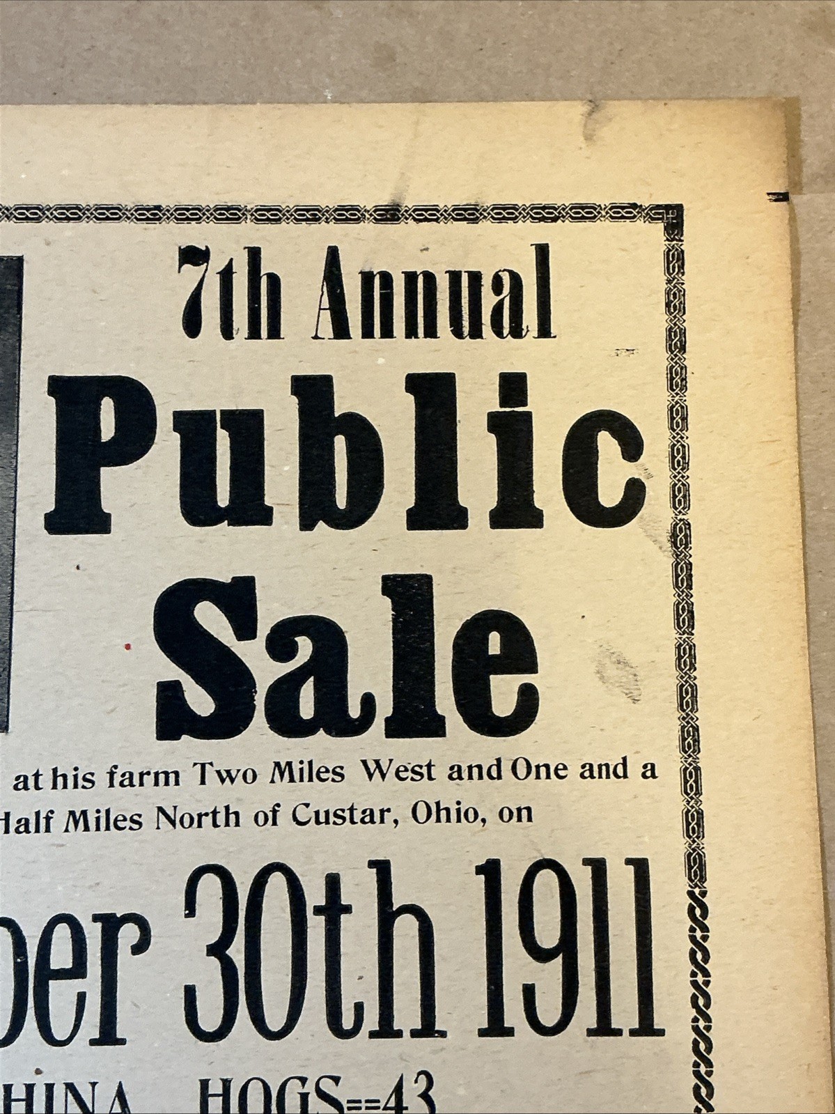 Antique 1911 Original Auction Poster China Hog Public Sale Ohio As Is INV-AC07Z