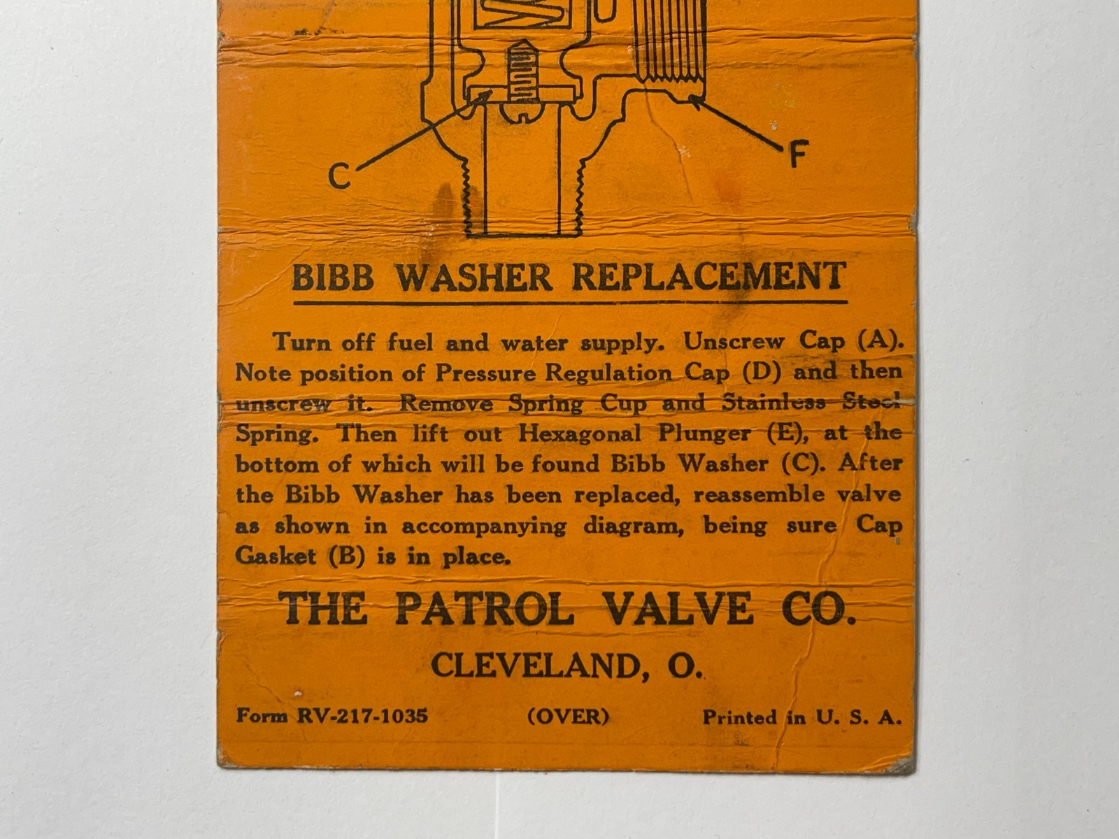 Antique 1950s – The Patrol Valve Co. Equipment Instruction Tag – Cleveland, Ohio