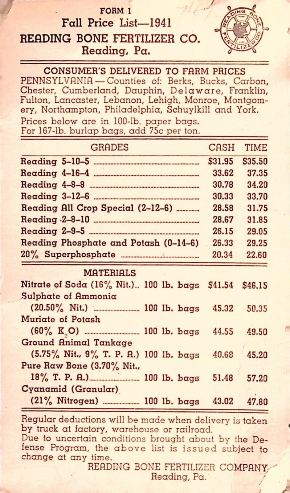 Reading Bone Fertilizer Co. 1941 Fall Price List Pennsylvania Agriculture Ad