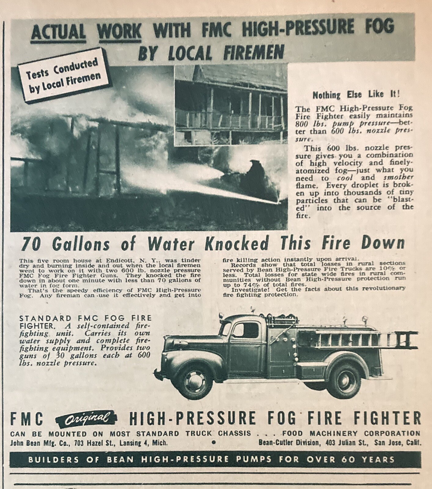 1945 AD.(XF11)~FMC FOOD MACHINERY CO. LANSING, MI. HIGH-PRESSURE FOG FIGHTER