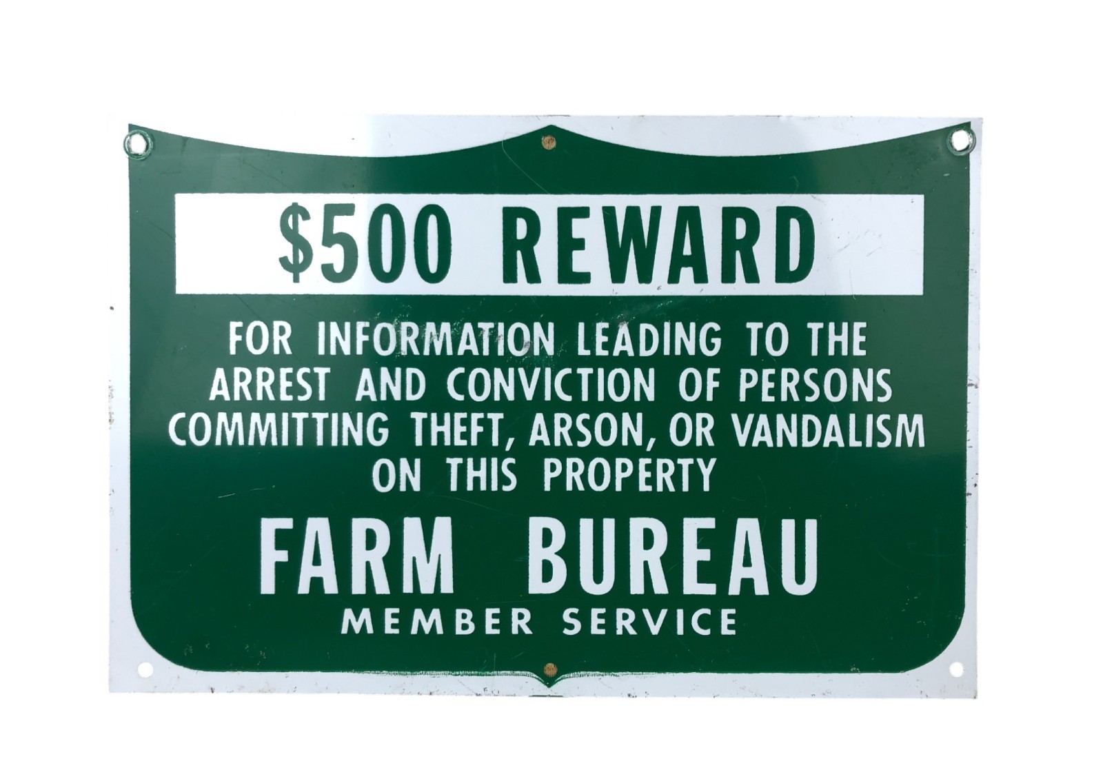 Vintage Farm Bureau $500 Reward Sign Theft Arson Vandalism Green White 12 x 8