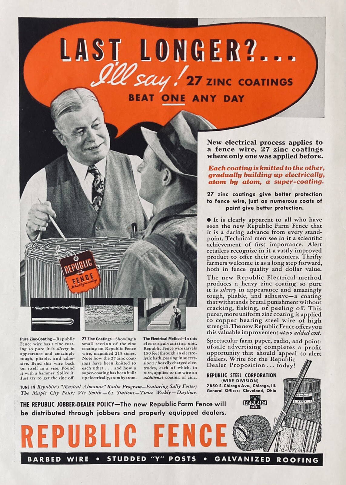 1936 AD(XH9)~REPUBLIC STEEL CO. CHICAGO. ZINC COATED FENCING AND BARBED WIRE