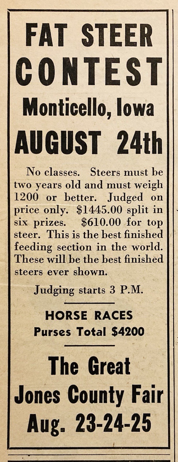 1946 AD.(PC9)~JONES COUNTY FAIR, MONTICELLO, IOWA. FAT STEER CONTEST