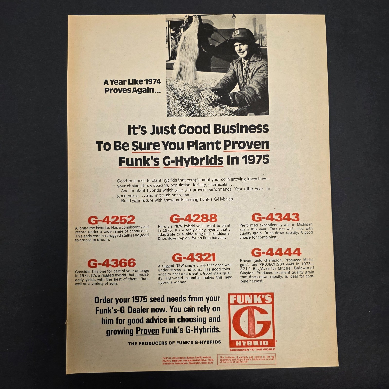 Vintage Funk’s G-Hybrids Seed Corn Ad – 1975 – Agricultural Farming Americana