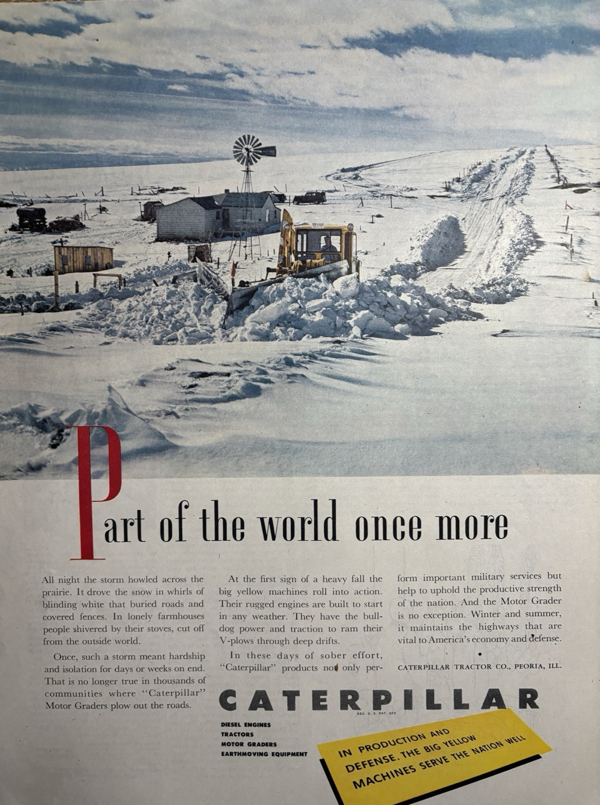 1952 Caterpillar Tractor Co Peoria Il Storm Snow Plow Diesel Vintage Print Ad